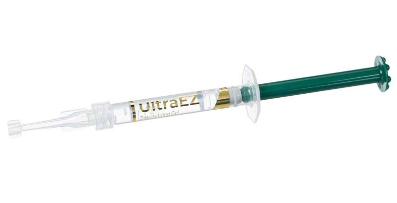 UltraEZ Desensibilisierungsgel-Spritze mit transparentem Zylinder und grünem Kolben.
