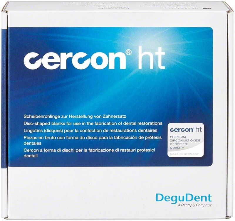 Keramik-Disk Cercon® ht 25 A3 für Zahnersatz auf Verpackung.