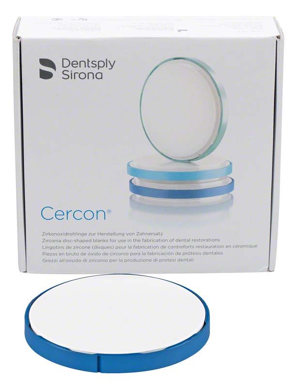 Zirkonoxid-Rohling Cercon® ht Disk 18 B2 vor Verpackung.