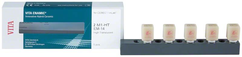 VITA ENAMIC® Hybridkeramik-Blöcke für CEREC®, Verpackung und fünf Blöcke sichtbar.