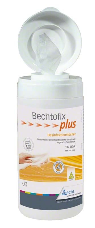 Bechtofix plus Desinfektionstücher Spenderdose mit geöffnetem Deckel.