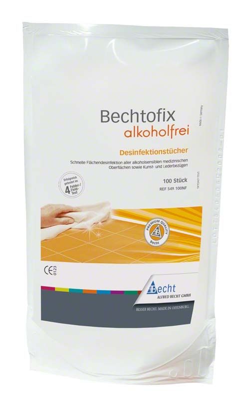 Bechtofix alkoholfrei Nachfüllpackung mit 100 Desinfektionstüchern für alkoholsensible Oberflächen.