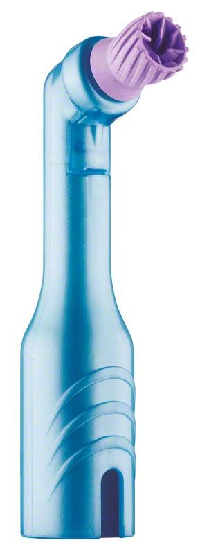 Einweg-Prophy-Winkelstück mit kurzem Elite Cup in Blau und Lila.