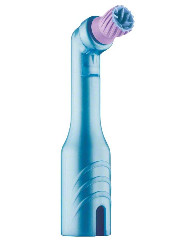 Einweg-Prophy-Winkelstück mit lila Elite Cup und schlankem Hals in Blau.
