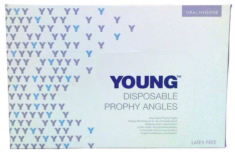 Verpackung der Young Contra Petite Web™ Einweg-Prophy-Winkelstücke mit Markenlogo.