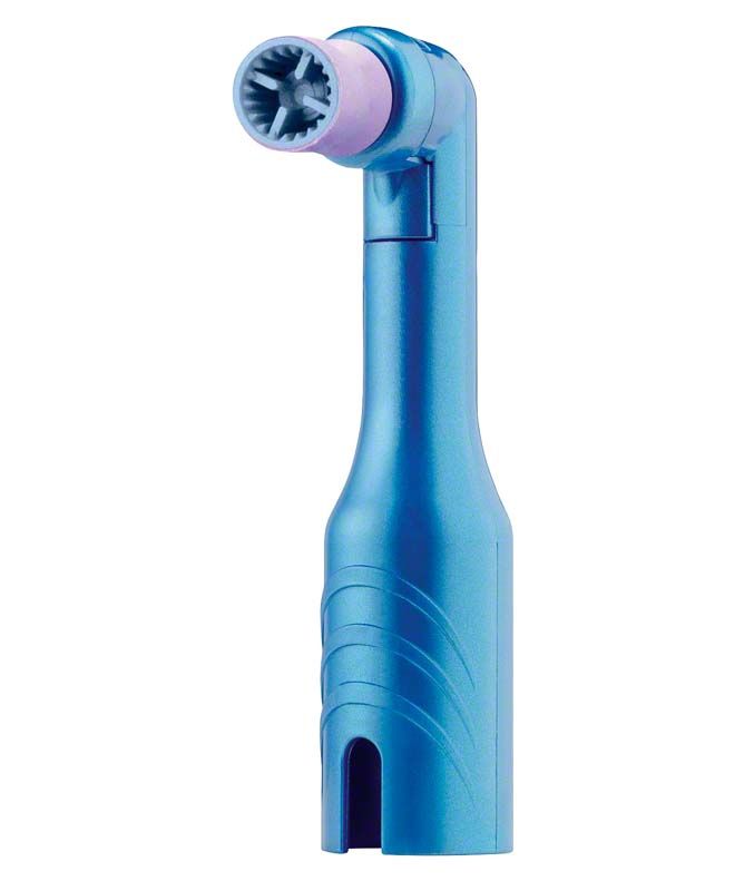 Einweg-Prophy-Winkelstück in blau mit rosa Gummispitze.