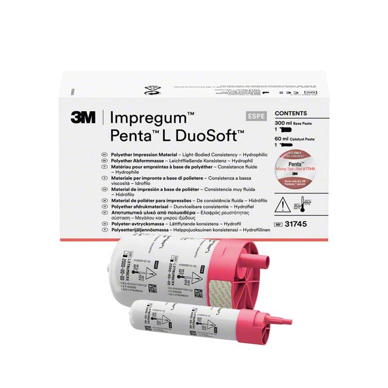 Impregum™ Penta™ L DuoSoft™ Polyether-Abformmaterial mit Verpackung und zwei Kartuschen.