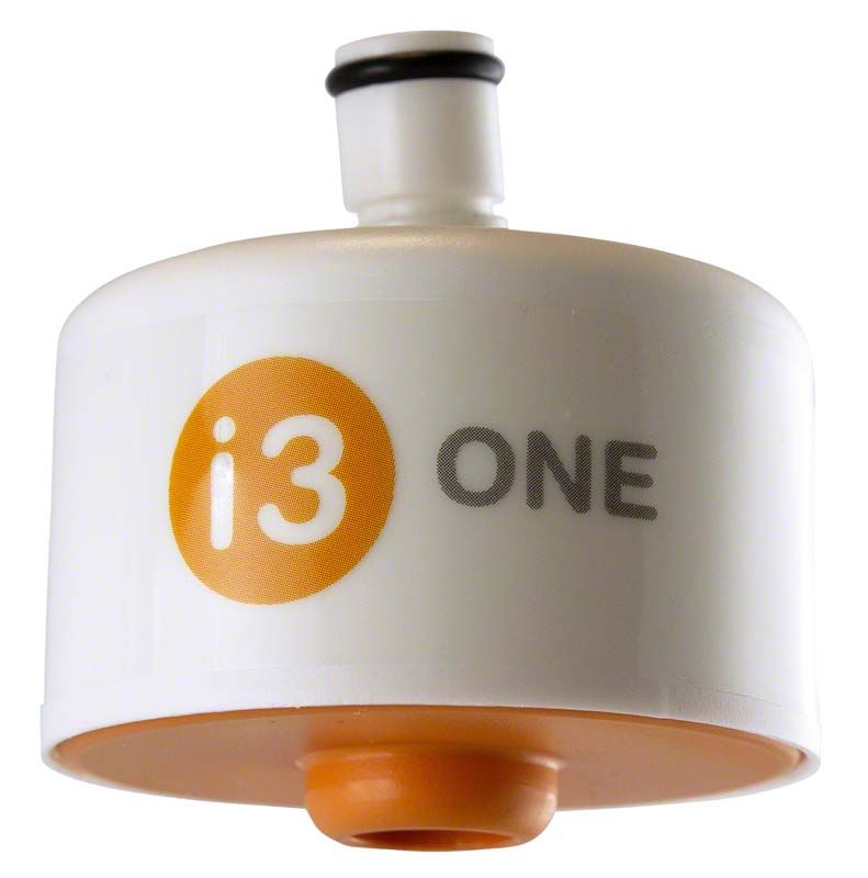Sterilfilter für Wasserhahn mit i3 ONE Aufdruck in Weiß und Orange.