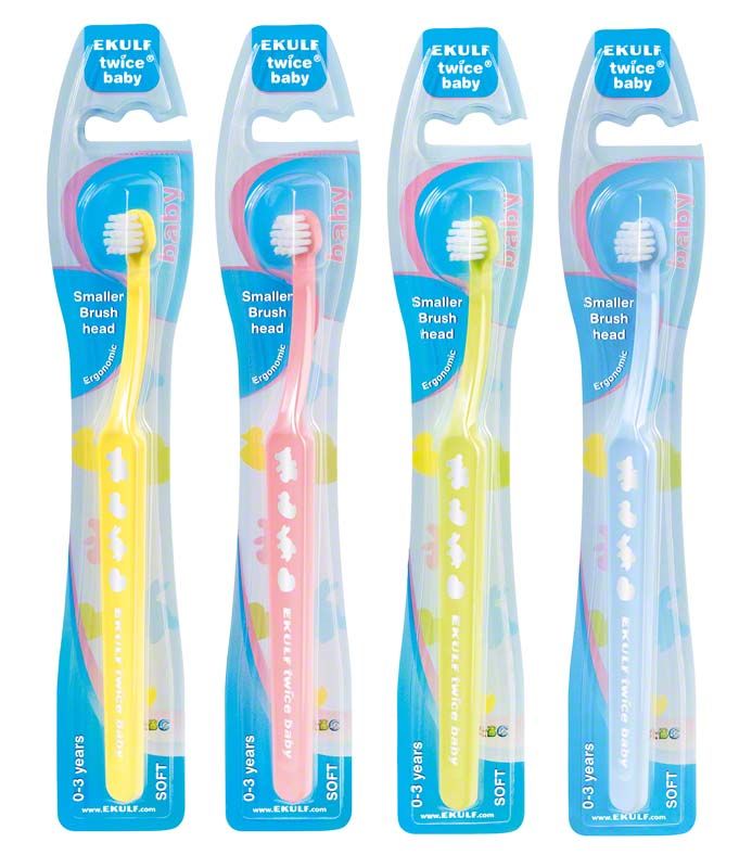 EKULF twice® baby Zahnbürsten für Kinder 0-3 Jahre in bunten Farben.