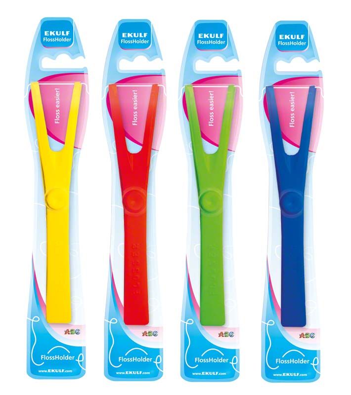 EKULF FlossHolder in verschiedenen Farben auf Verpackungskarten.