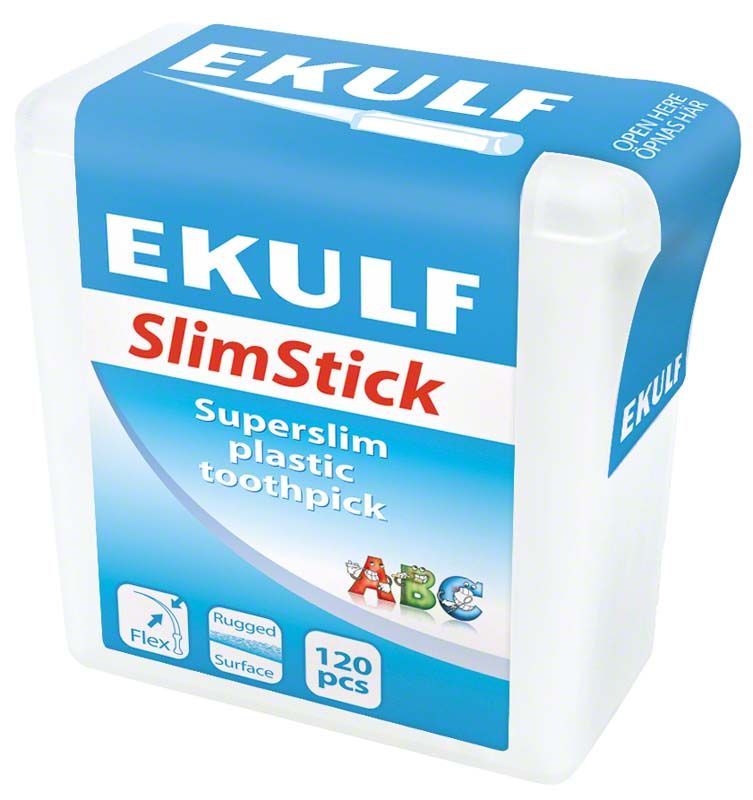 EKULF SlimStick Zahnstocher-Verpackung mit blauen und weißen Designelementen.