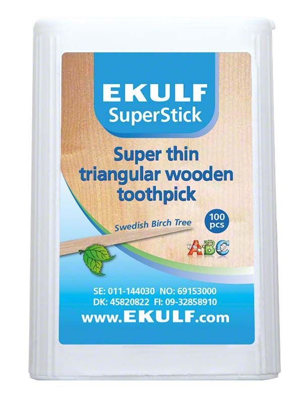 EKULF SuperStick Holz Zahnstocher in rechteckiger Verpackung mit Produktinformationen.