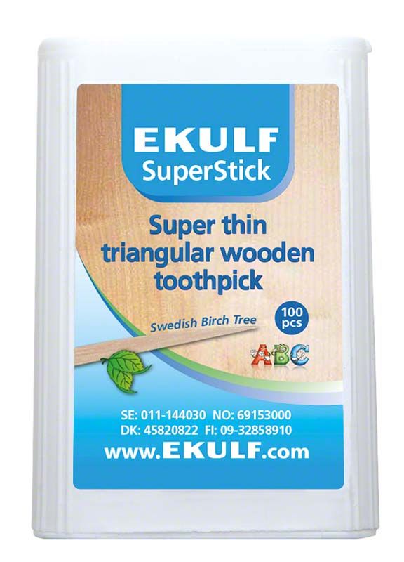EKULF SuperStick Holz, dreieckige Holz-Zahnstocher in Verpackung.