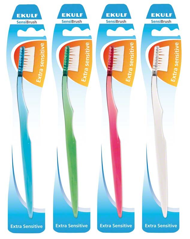 EKULF SensiBrush Zahnbürsten in verschiedenen Farben mit Schutzverpackung.