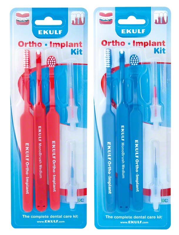 Zahnreinigungsset mit speziellen Bürsten für Implantate und Prothesen.