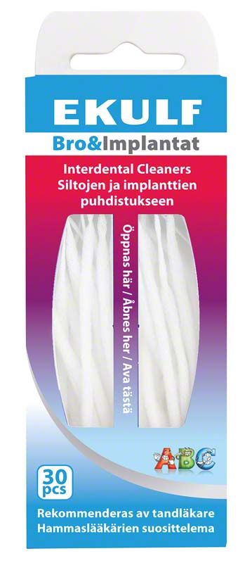 EKULF Bro&Implantat Interdentalreiniger, 30 Stück, in blau-weißer Verpackung.
