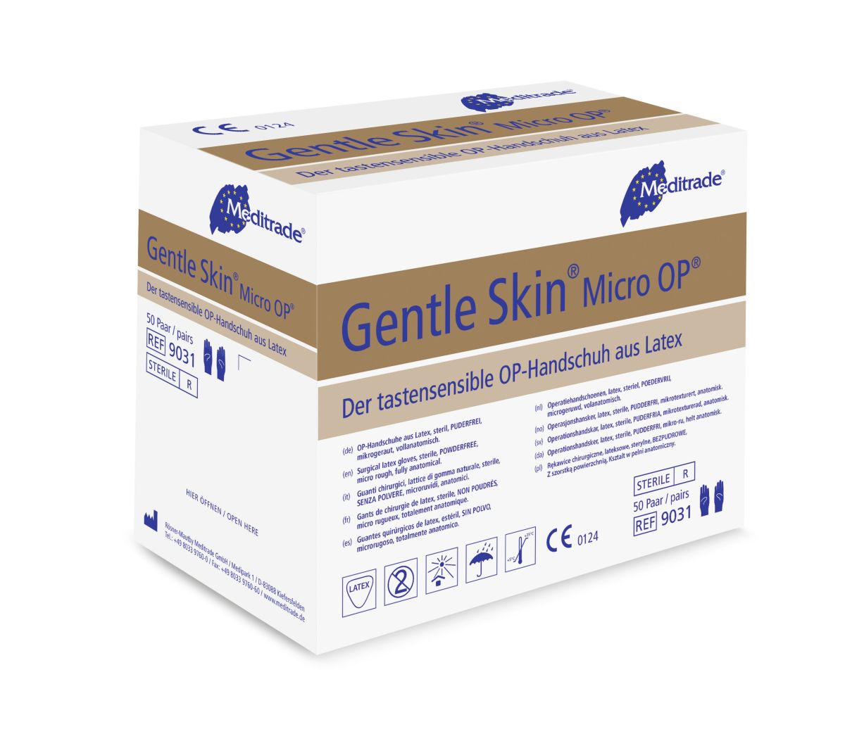 Verpackung der Gentle Skin® Micro OP® OP-Handschuhe, Größe 7,5, mit Produktspezifikationen.
