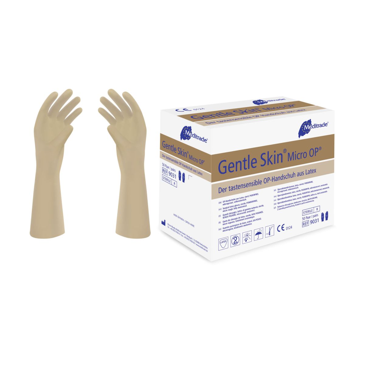 Gentle Skin® Micro OP® sterile OP-Handschuhe neben der Verpackung.