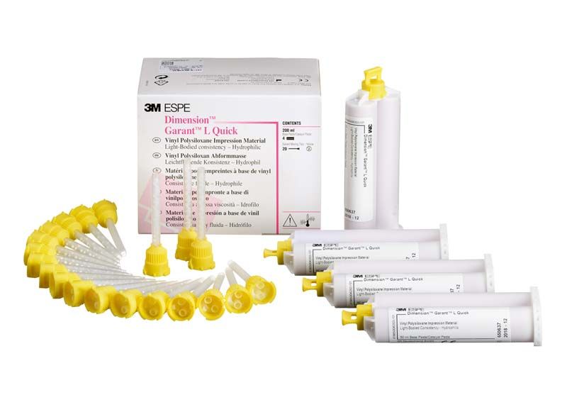 3M Dimension garant L quick Abformmaterial mit Mischkanülen und Verpackung.