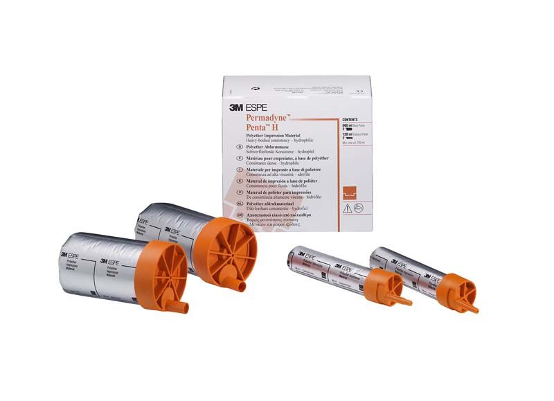 Permadyne™ Penta™ H Abformmaterial mit Verpackung und Dosierkartuschen.