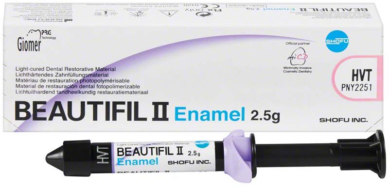 Spritze und Verpackung von Beautifil II Enamel HVT Zahnersatzmaterial.