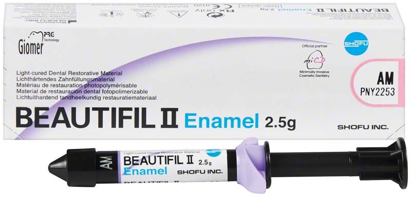 Zahnrestaurationsmaterial Beautifil II Enamel AM in Spritze und Verpackung.