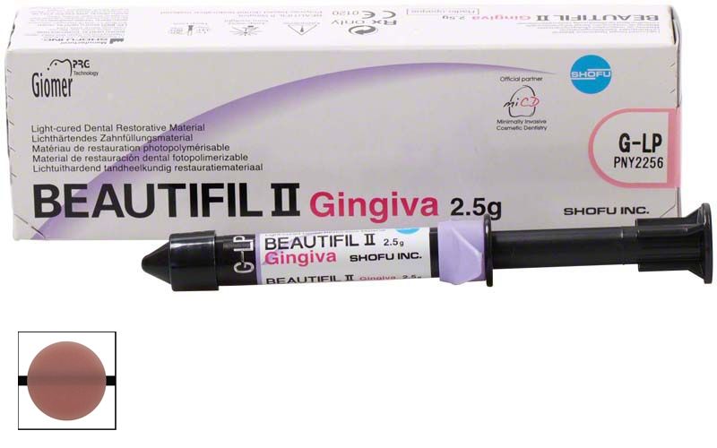 Beautifil II Gingiva Gum-LP in Spritze mit Verpackung auf weißem Hintergrund.