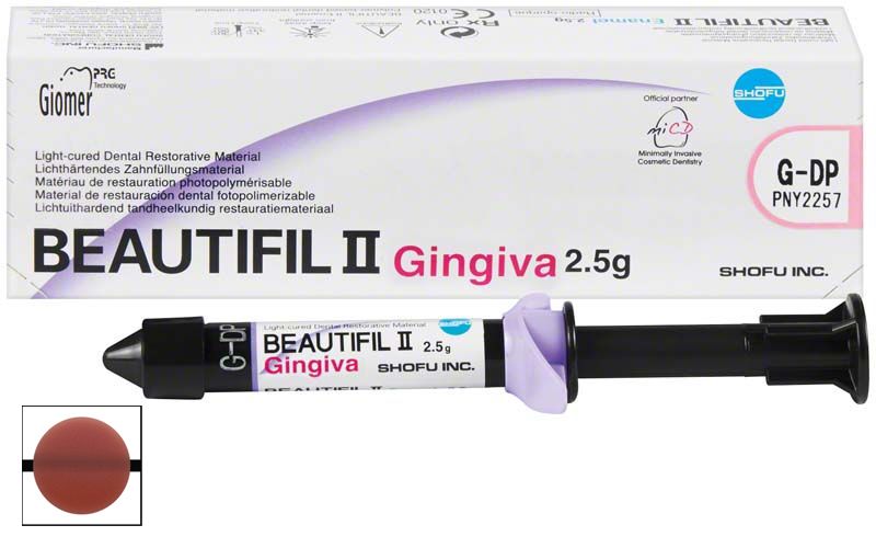 Beautifil II Gingiva Gum-DP Spritze vor Verpackung mit Produktinformationen.