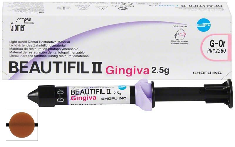 Beautifil II Gingiva Gum-Or in Spritze vor Produktverpackung.
