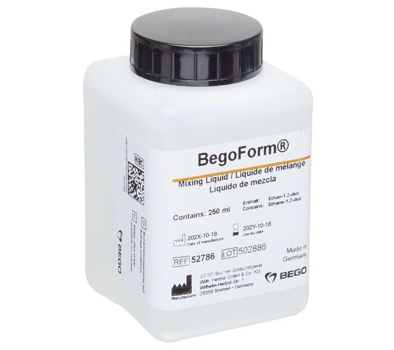 BegoForm®-Liquid Anmischflüssigkeit in weißer Flasche mit schwarzem Deckel.