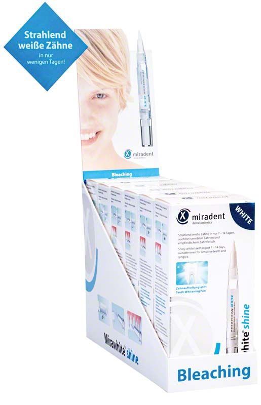 Mirawhite® shine Zahnaufhellungsstift in einer Verkaufsverpackung mit Produktinformationen.