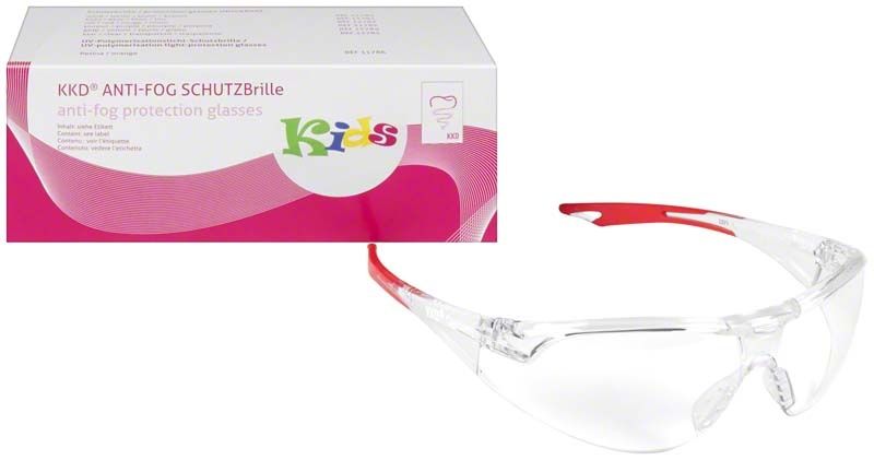 Anti-Fog Schutzbrille für Kinder mit rotem Rahmen und Verpackung.