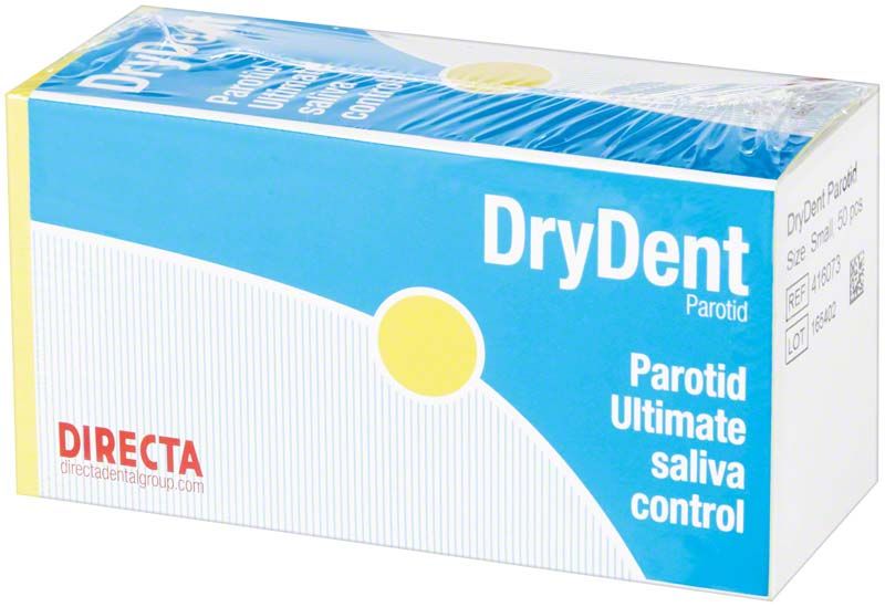 Verpackung der DryDent® Parotid Schaumstoffkissen für Speichelabsorption, 50 Stück.