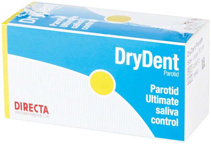 Trockenes Dentalprodukt DryDent Parotid in blauer Verpackung mit gelbem Punkt.