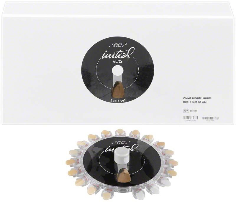 GC Initial LiSi Shade Guide Dentin-Farben mit Farbschlüssel und Verpackung.