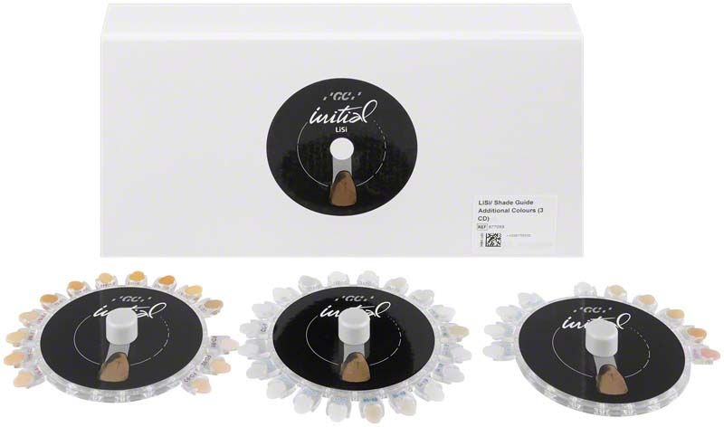 GC Initial LiSi Shade Guide mit zusätzlichen Farben in drei Farbkreisen.