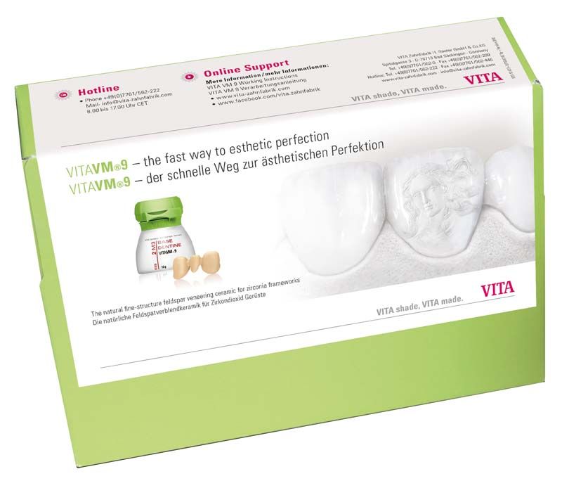 Verpackung des VITAVM®9 ONE COLOR KIT mit Zahnschattierungen und Logo.