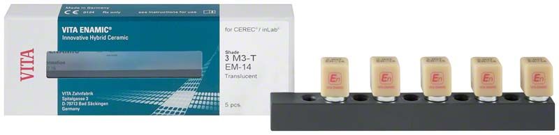 VITA ENAMIC® EM-14 T 3M3 Blöcke auf Halterung vor Verpackung.
