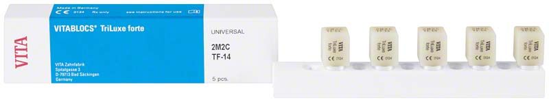 VITABLOCS® TriLuxe forte Zirkonoxidblöcke in Originalverpackung mit fünf Blöcken.