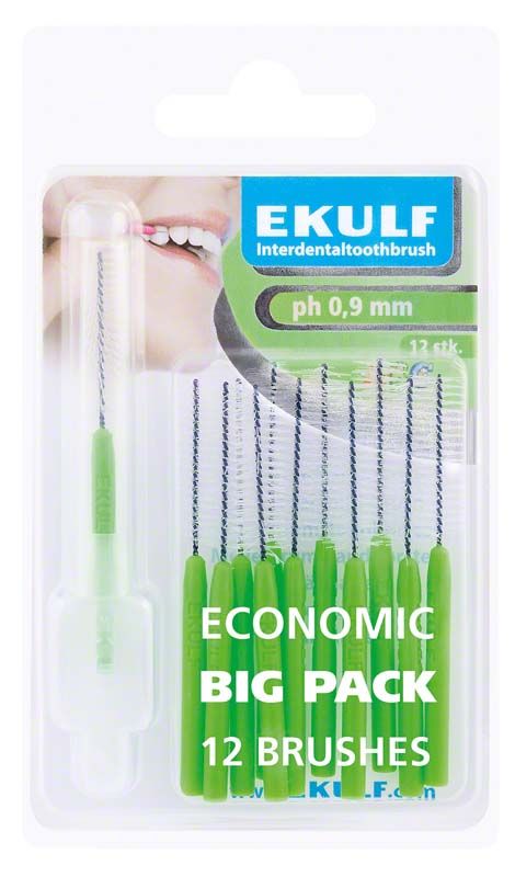 EKULF Interdentalbürsten ph 0,9 mm in grüner Verpackung.