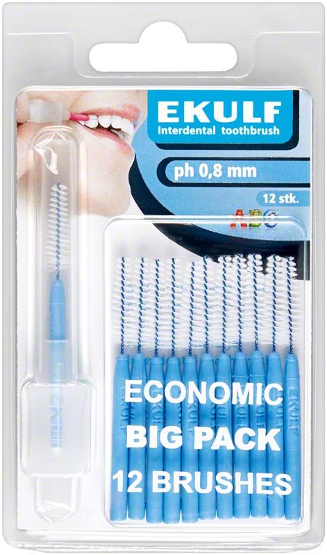 EKULF Interdentalbürsten ph blau, 0,8mm, 12 Stück in Verpackung.