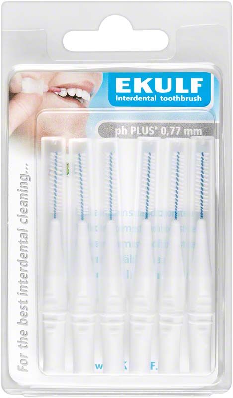 EKULF Interdentalbürsten ph PLUS weiß, 0,77mm in Verpackung.