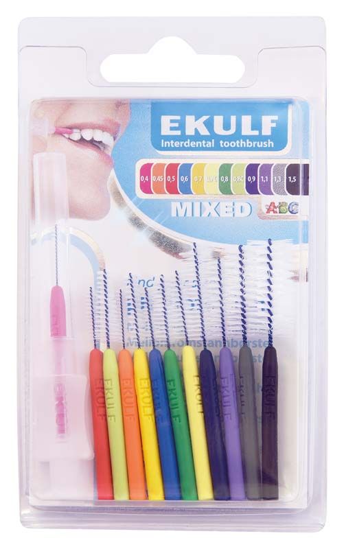 EKULF Interdentalbürsten ph Professional sortiert in farbiger Verpackung mit Größenübersicht.