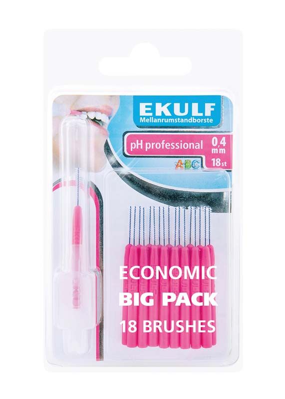 EKULF Interdentalbürsten 0,4mm, 18er Pack in lila Verpackung.