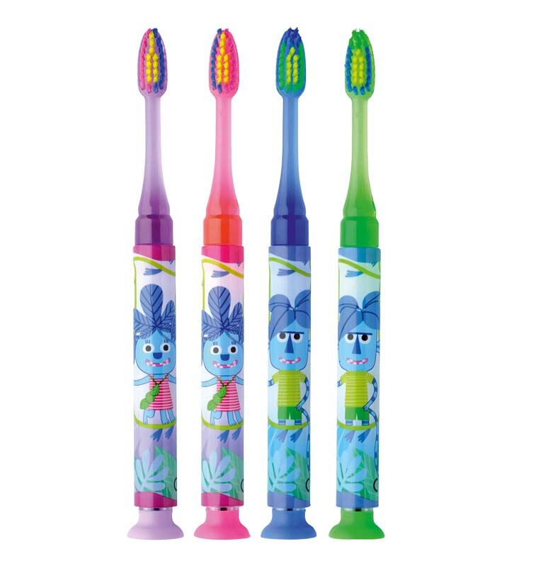 Vier bunte Kinderzahnbürsten mit Monster-Design und weichen Borsten.