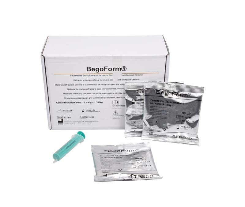 Verpackung der BegoForm® Pulver Stumpfeinbettmasse mit Beuteln und Spritze.