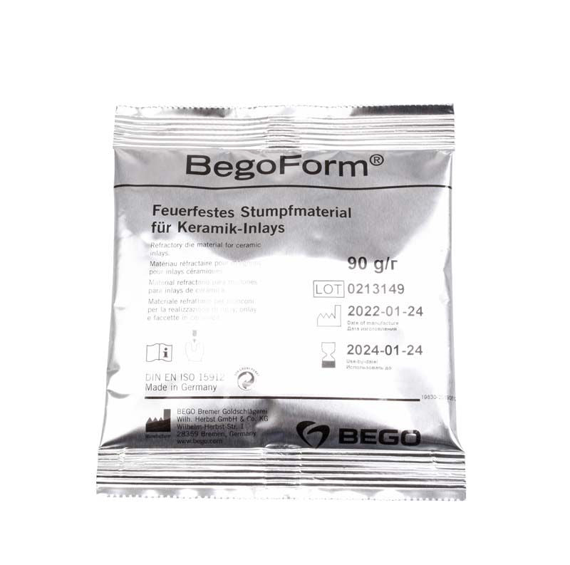 Feuerfestes BegoForm® Stumpfmaterial in silberner Verpackung für Keramik-Inlays.
