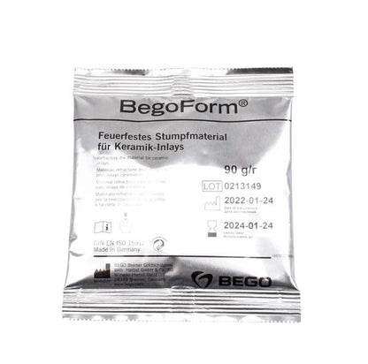 Feuerfestes BegoForm® Stumpfmaterial in silberner Verpackung für Keramik-Inlays.