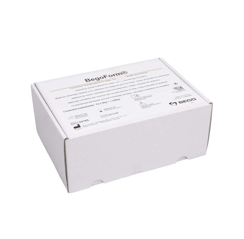 BegoForm® Pulver Stumpfeinbettmasse in weißer Kartonverpackung mit Beschriftung.