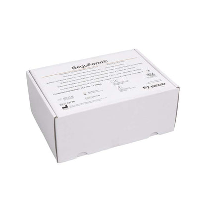 BegoForm® Pulver Stumpfeinbettmasse in weißer Kartonverpackung mit Beschriftung.